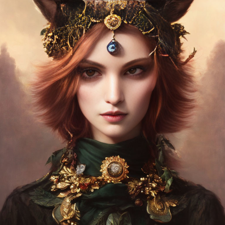 Portrait of a woman with fox features and leafy headband in ornate green cloak