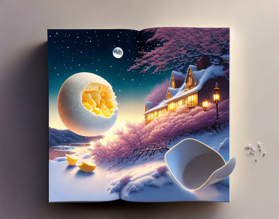 3D Pop-Up Snowy Landscape Book with Cherry Trees and Eggshell Moon
