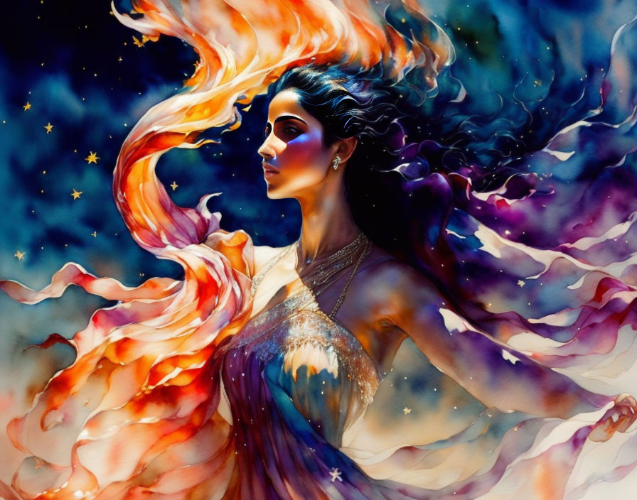 Vibrant illustration: Woman with fiery hair in cosmic setting