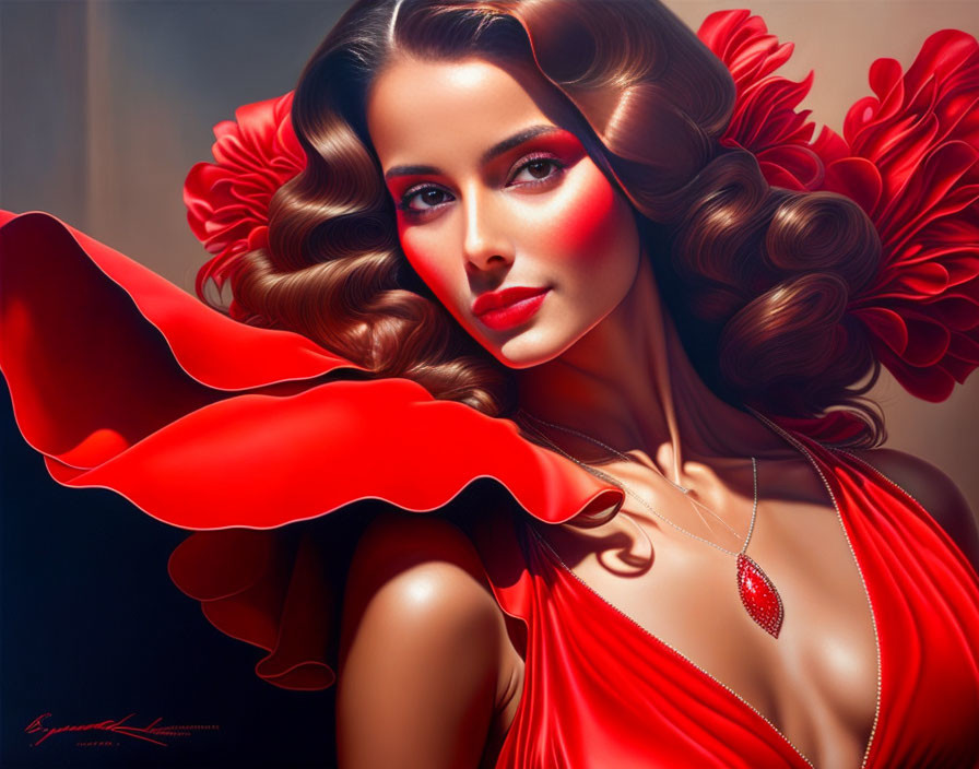 Vibrant digital artwork of a woman with flowing red hair and dress