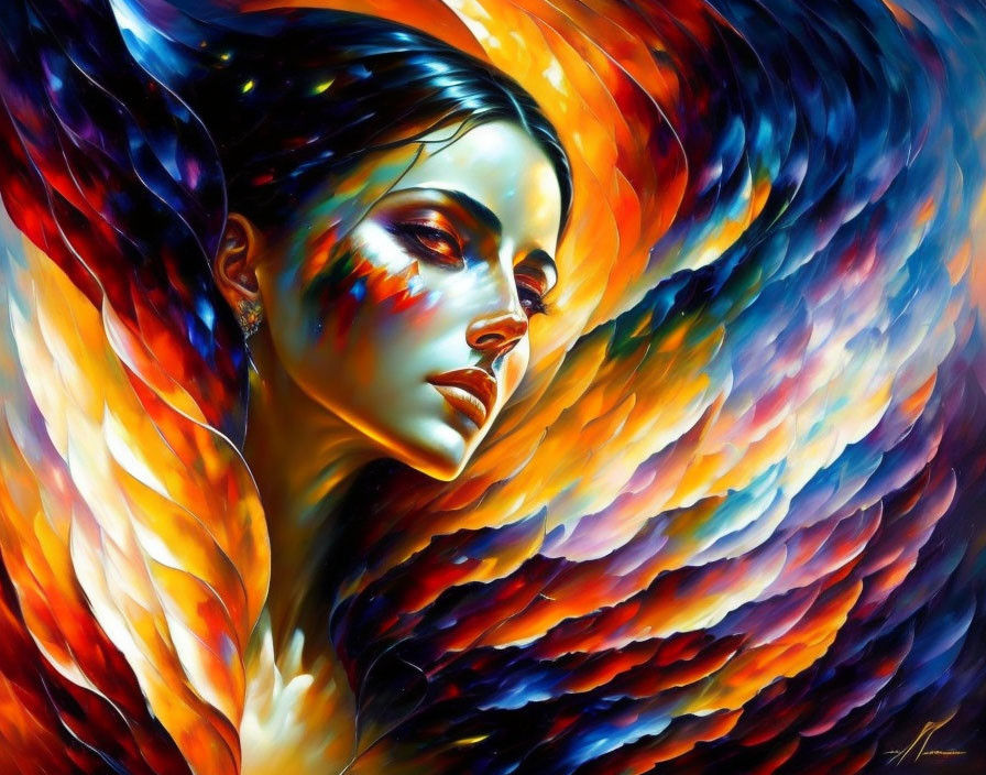 Colorful Abstract Painting of Woman with Swirling Background