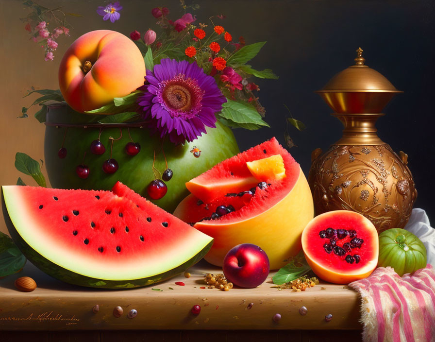 Colorful Still Life Painting with Fruits and Vase on Dark Background