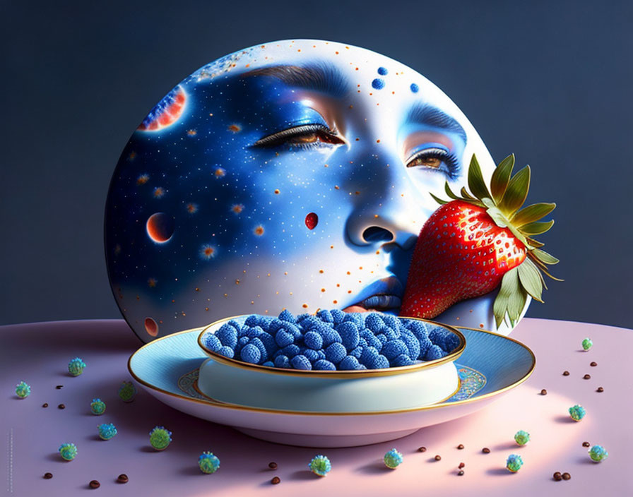 Surreal portrait with cosmic backdrop, woman's face, blueberries, and strawberry on dark background