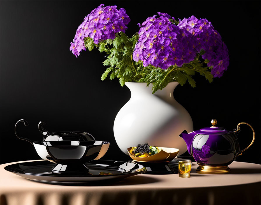 Stylish table setting with white vase, purple flowers, black tray, teapot, cups,