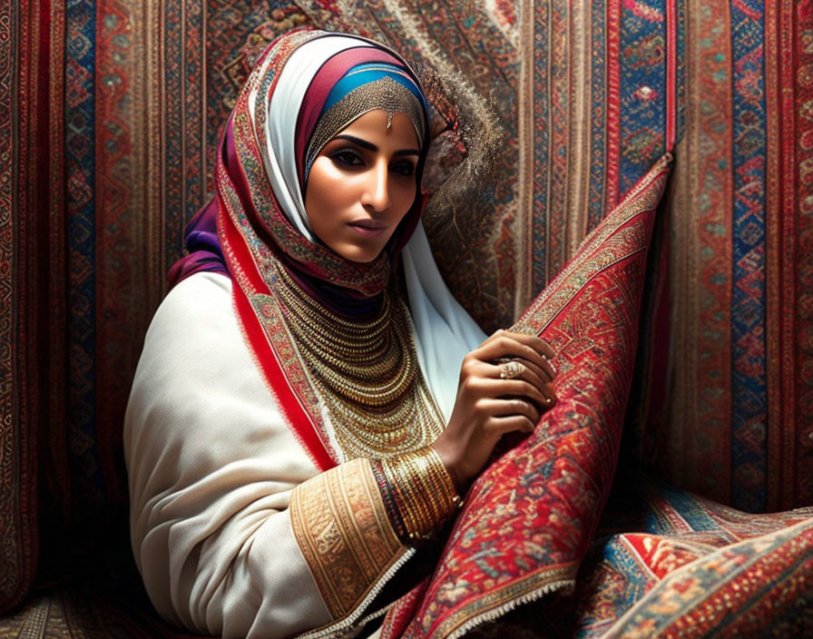 Traditional Attire Woman with Headscarf Surrounded by Ornate Fabrics