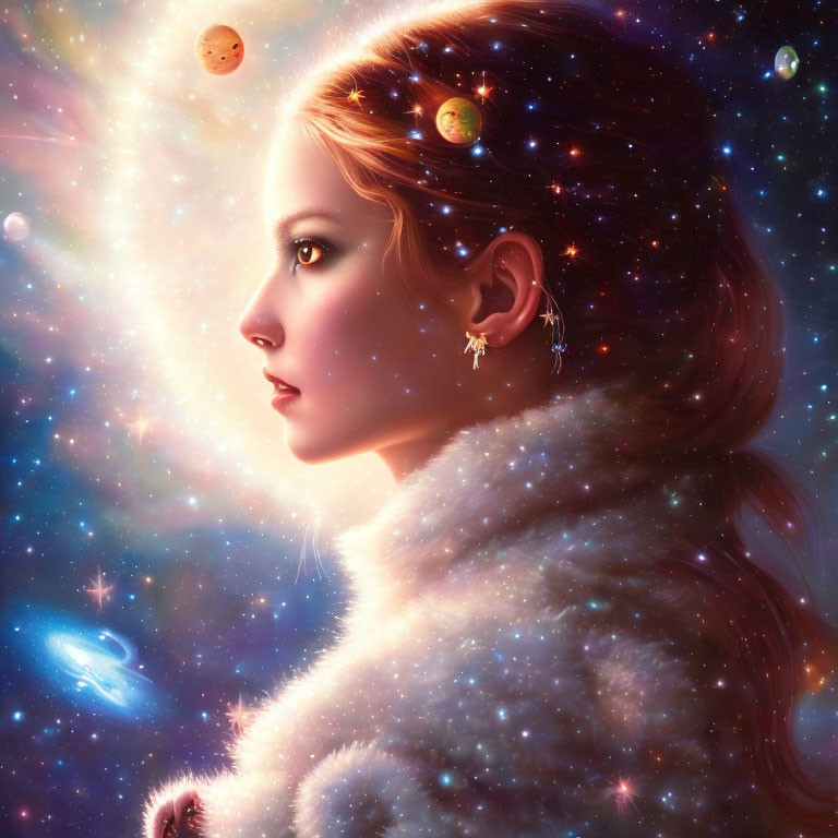 Woman with cosmic features blending into starry space scene