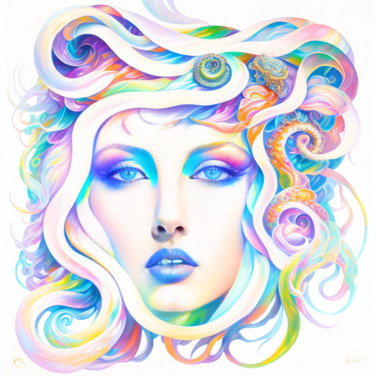 Vibrant surreal portrait featuring woman with flowing hair and abstract shapes.