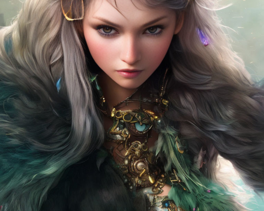Fantasy character with silver hair, golden headpiece, green and gold armor