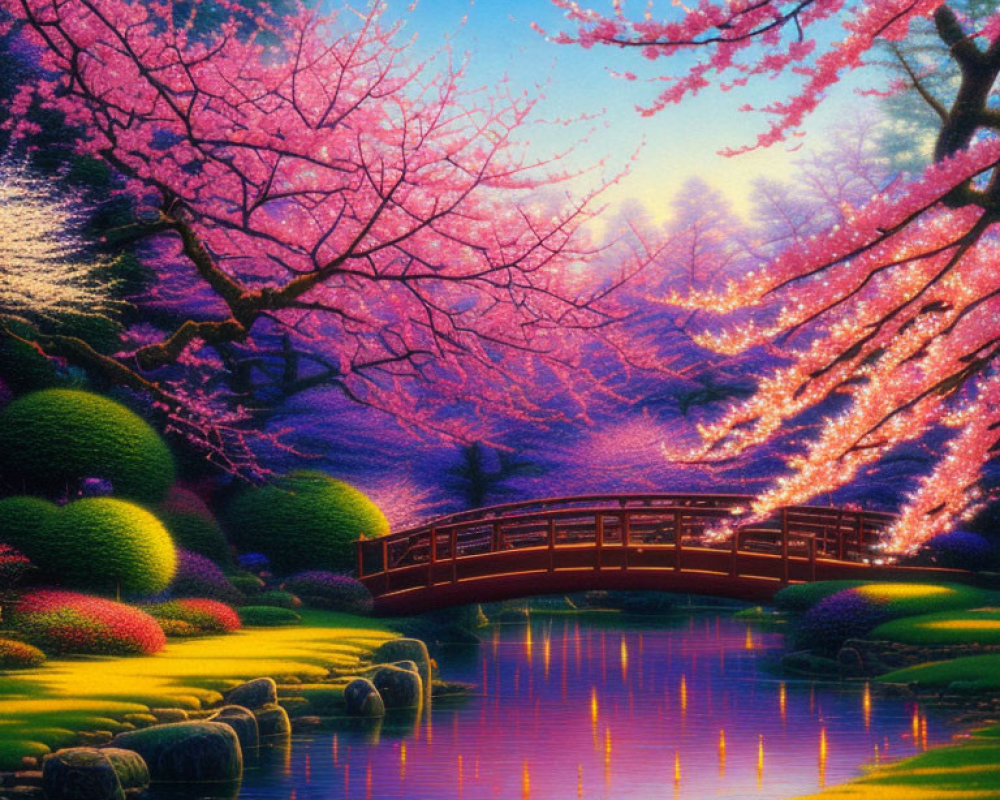 Fantasy artwork: Lush garden with cherry blossoms, wooden bridge, and twilight sky