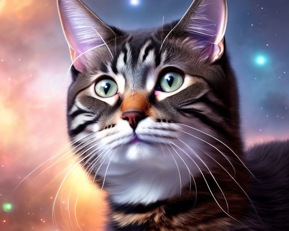Tabby Cat Portrait with Green Eyes on Cosmic Starry Background