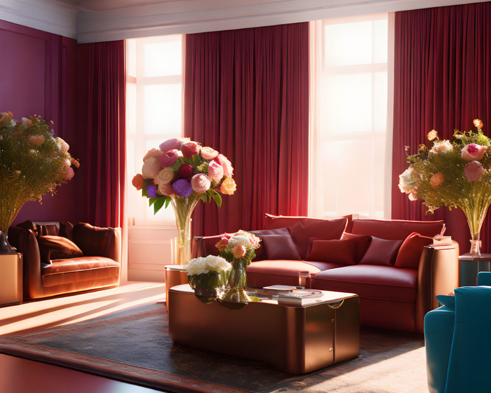 Sophisticated Red-themed Living Room with Stylish Furniture & Vibrant Decor
