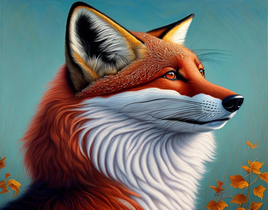 Vibrant red fox illustration on blue background with fallen leaves