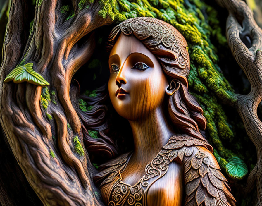 Detailed Woman-Tree Carving with Mossy Background