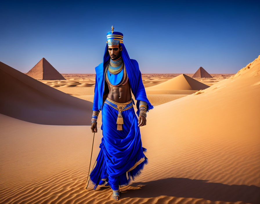 Traditional attire person walking in desert with pyramids and clear sky