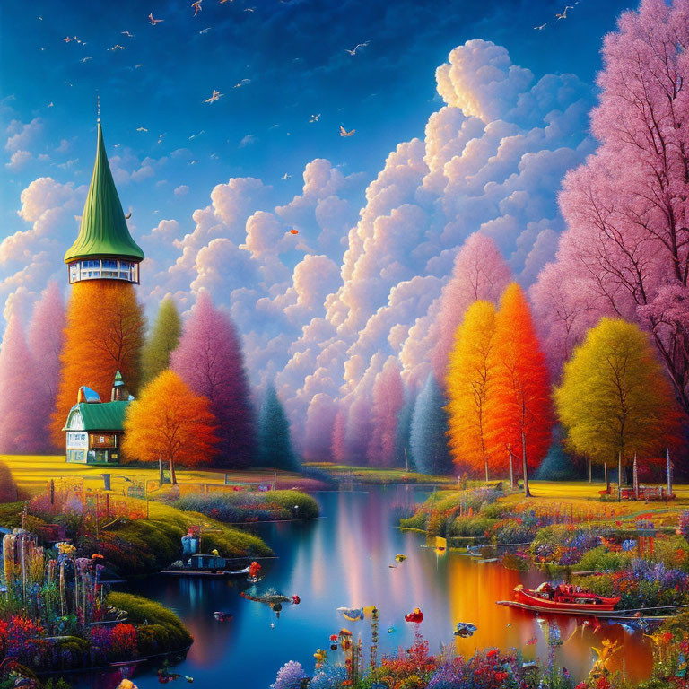 Colorful fantasy landscape with forest, river, tower, and vivid sky
