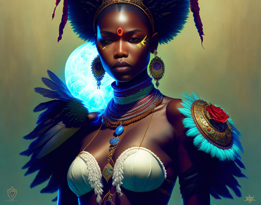 Woman adorned with blue and red tribal accessories and feathers, with ethereal blue orb.