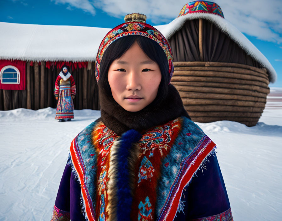Young girl in colorful traditional attire in snowy landscape with yurts and another person.