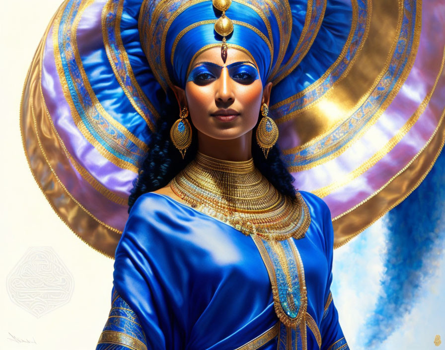 Vibrant multi-armed halo on person in blue attire with golden jewelry
