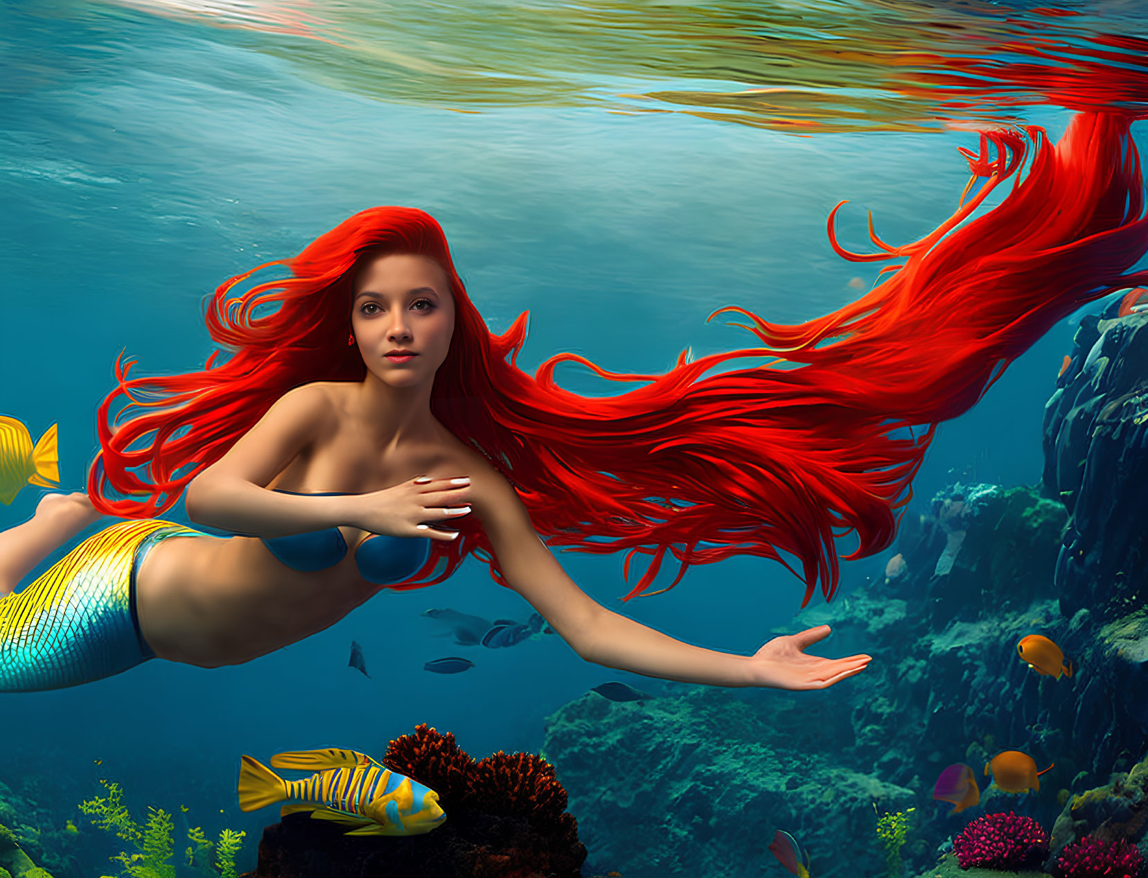 Red-haired mermaid swimming with fish in underwater scene