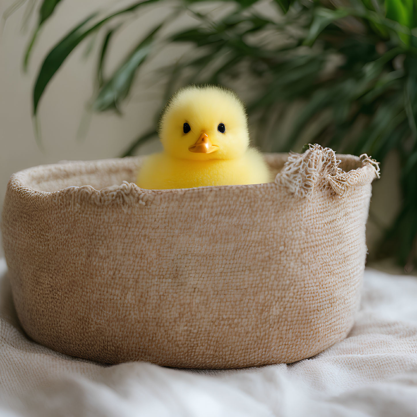 Rubber duck in woven basket with soft light and foliage