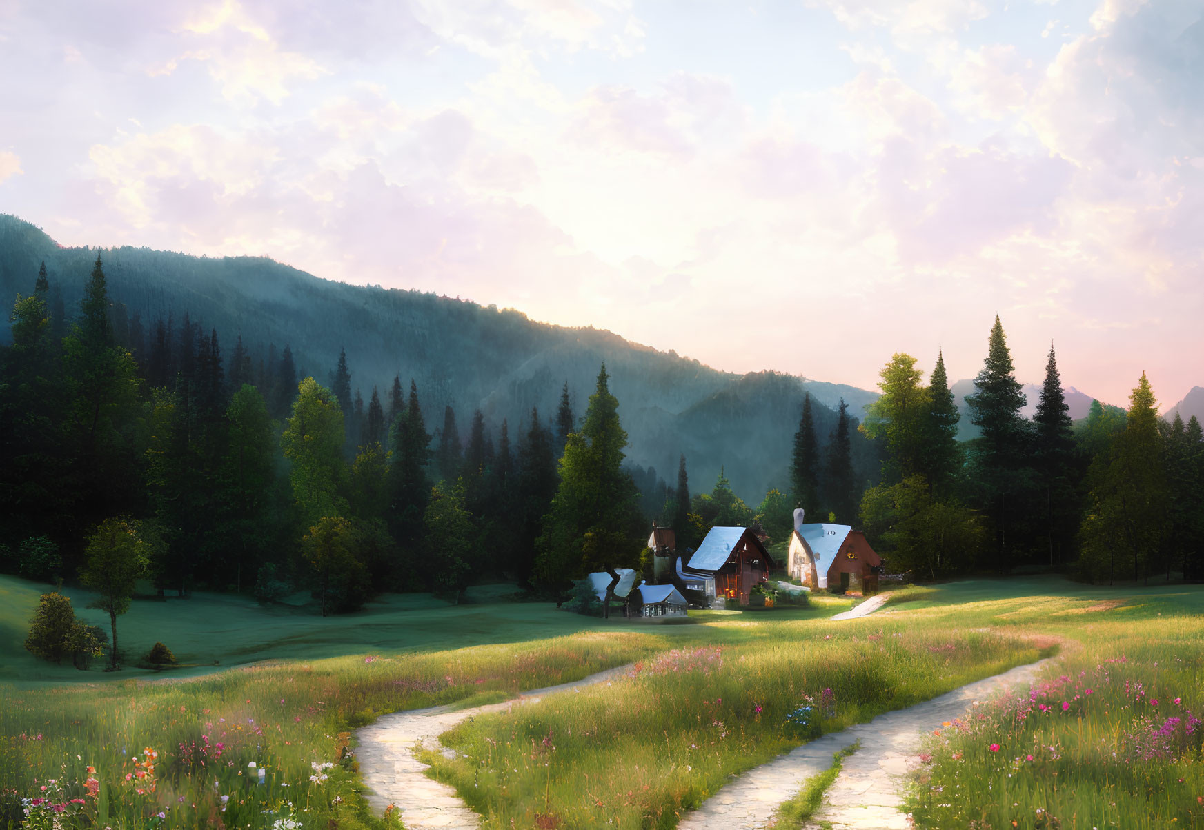 Tranquil sunrise countryside landscape with winding path and cozy houses