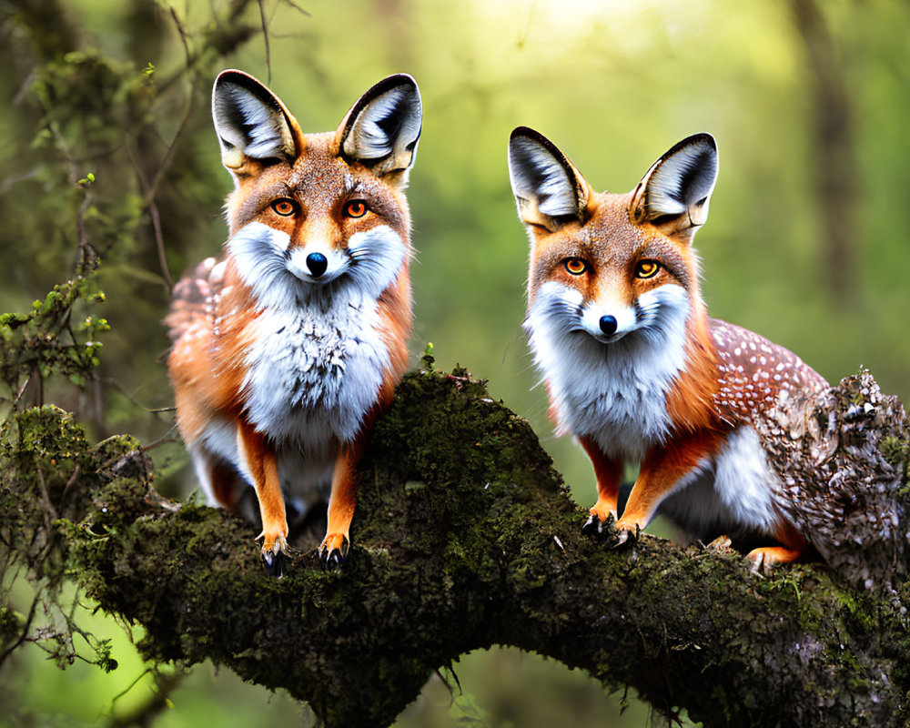 Vividly Colored Foxes Perched on Mossy Tree Branch