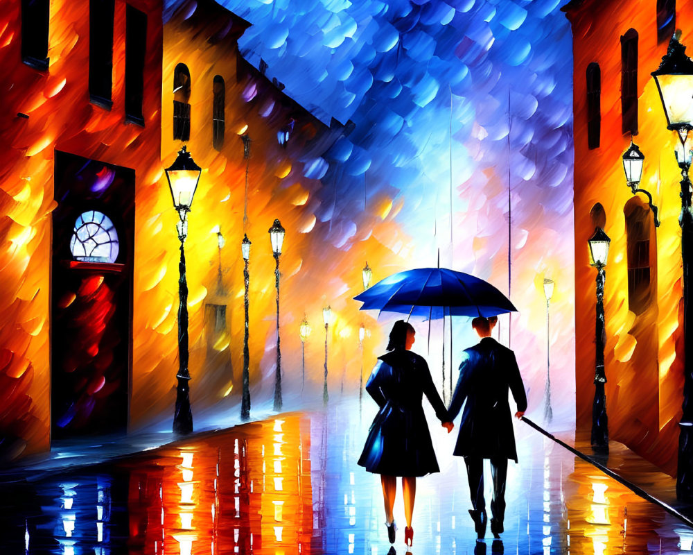 Couple Walking Hand in Hand Under Umbrella on Rainy City Street