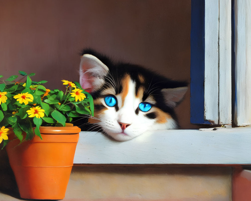 Calico Cat with Striking Blue Eyes by Windowsill and Yellow Flowers