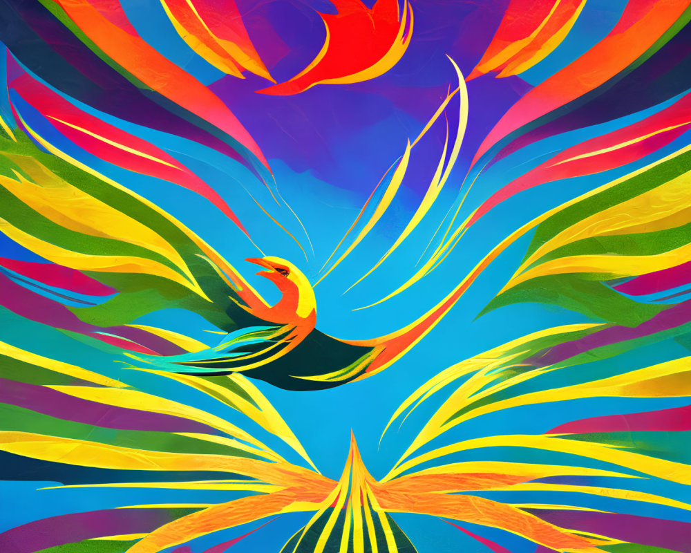 Colorful Abstract Phoenix Illustration in Red, Yellow, and Blue Hues