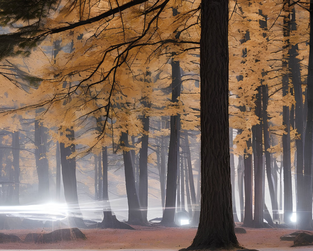 Misty forest with tall trees, autumn leaves, and light trails in foggy scene
