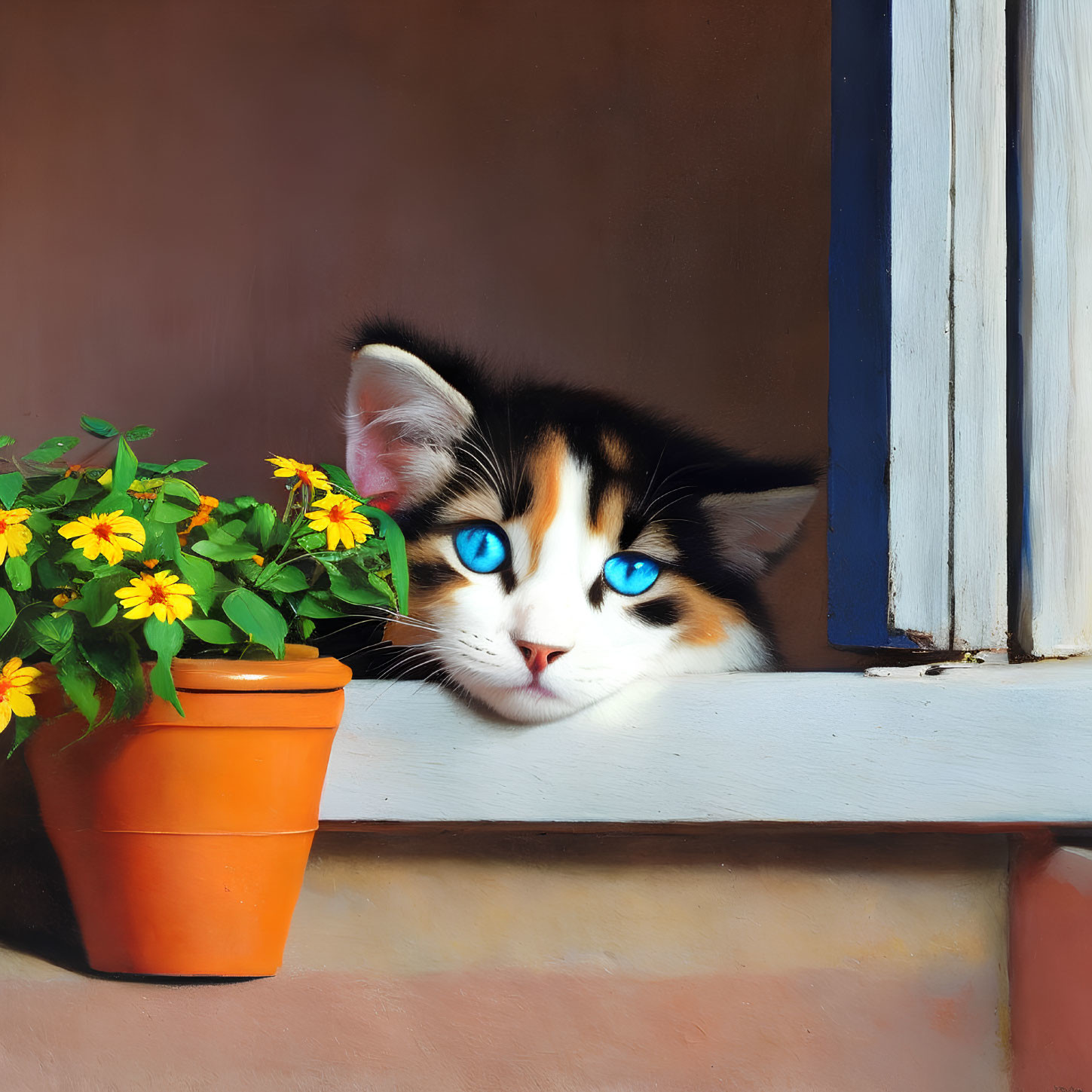 Calico Cat with Striking Blue Eyes by Windowsill and Yellow Flowers