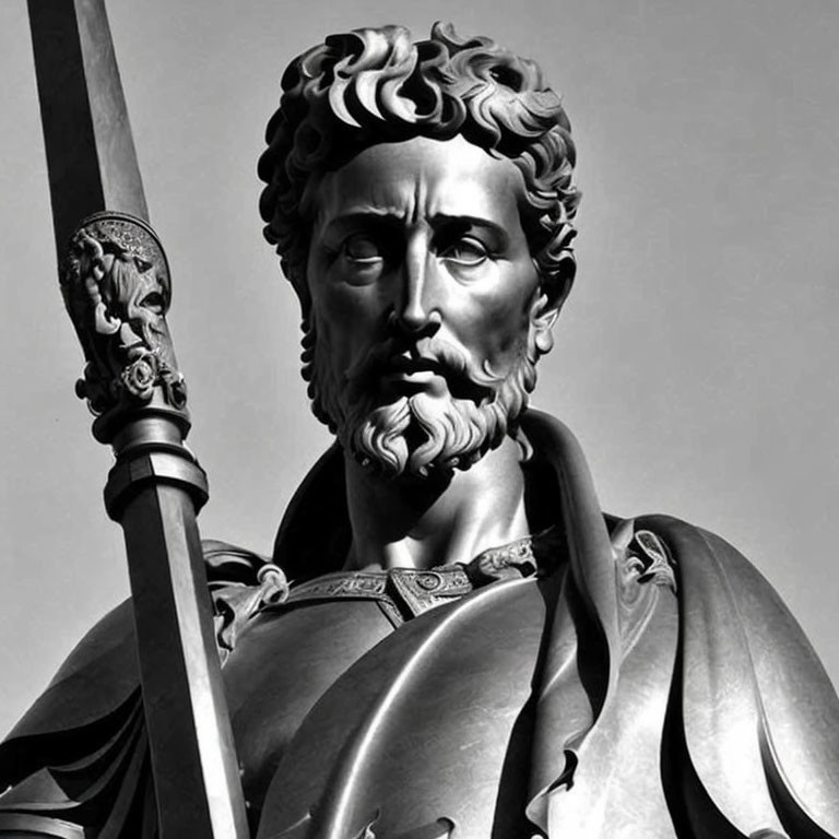 Detailed Monochrome Statue of Bearded Man in Classical Armor