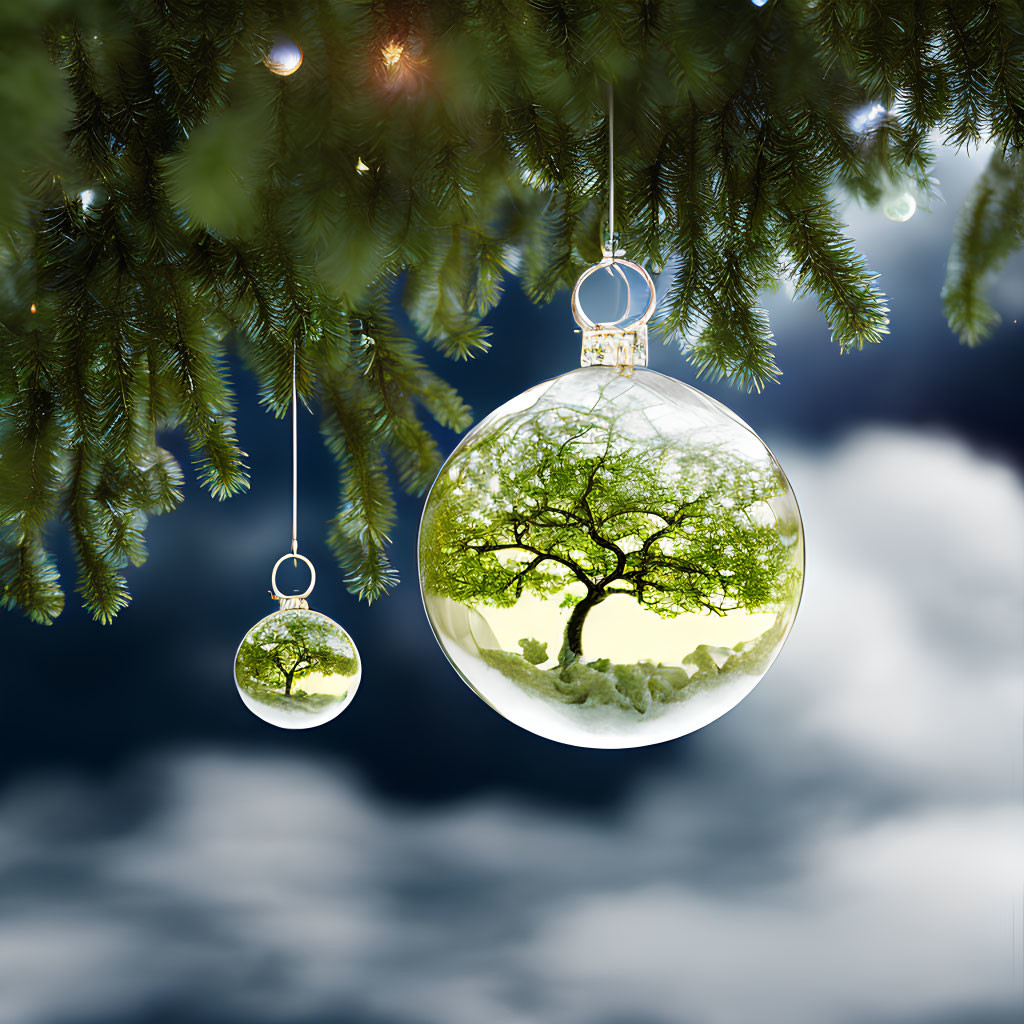 Transparent Christmas Ornaments on Pine Branches in Night Sky