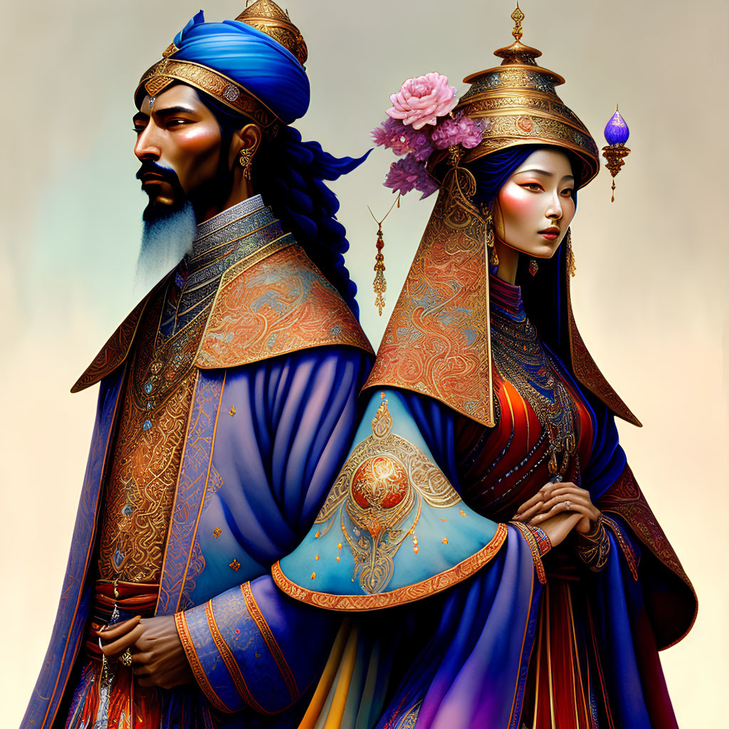 Traditional regal attire of noble couple in blue and red colors