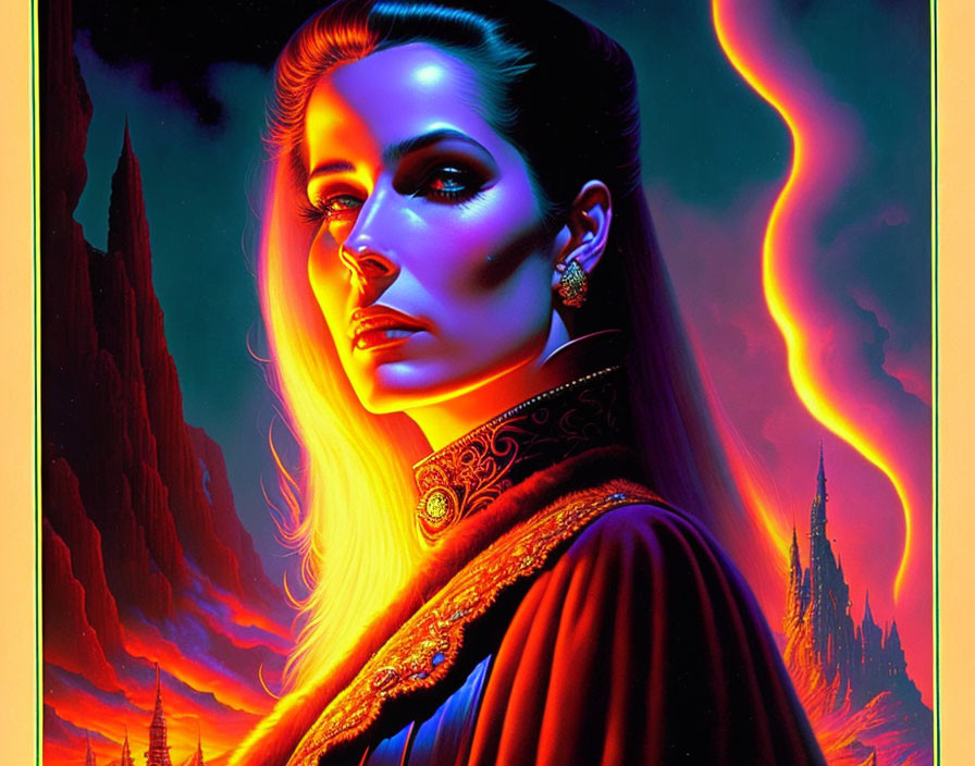 Digital portrait of woman with intricate hairstyle and earrings in neon-lit fantasy setting