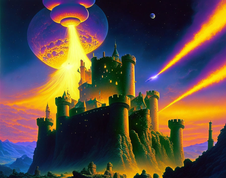 Fantasy castle on cliff under starry sky with planet, colorful lights, and descending spacecraft.