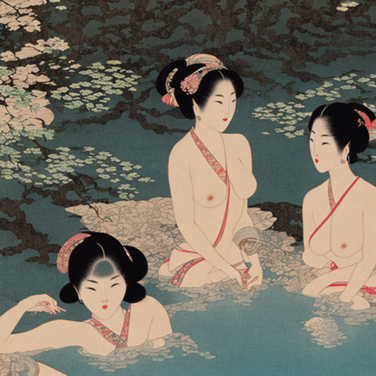 Japanese Ukiyo-e Art: Women bathing in river under cherry trees