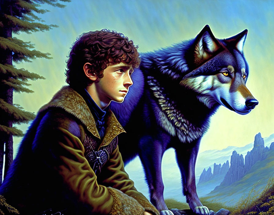 Curly-Haired Boy with Wolf in Nature Scene