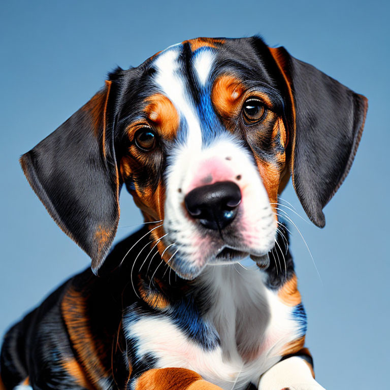 Tricolor Dog with Floppy Ears and Soulful Eyes on Blue Background