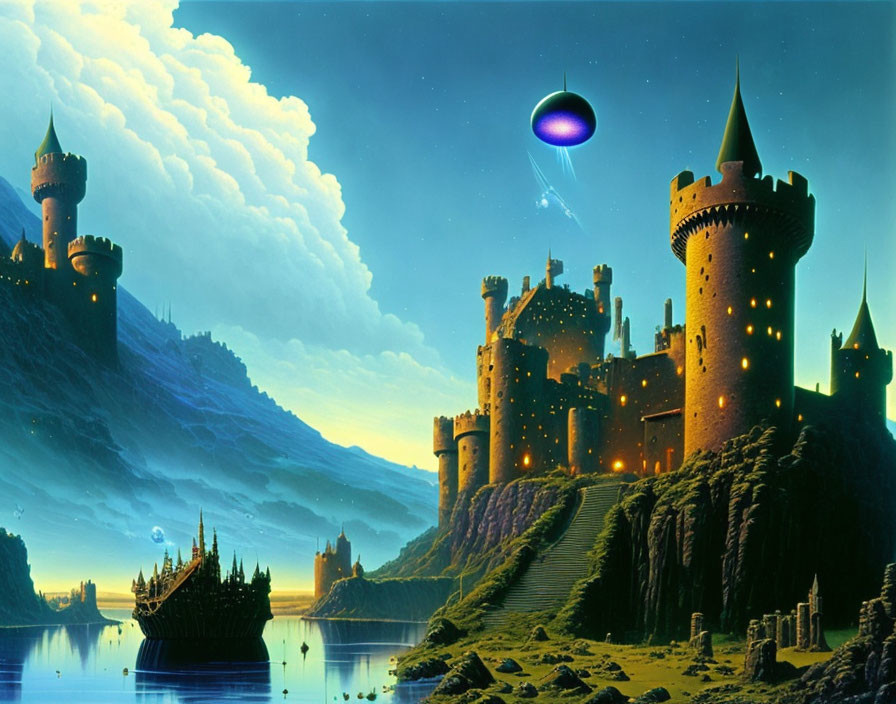 Fantasy landscape with illuminated castles, ship at sea, and UFO in blue dusk light