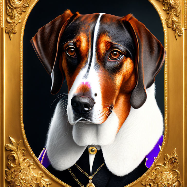 Regal dog in ornate golden frame with purple collar