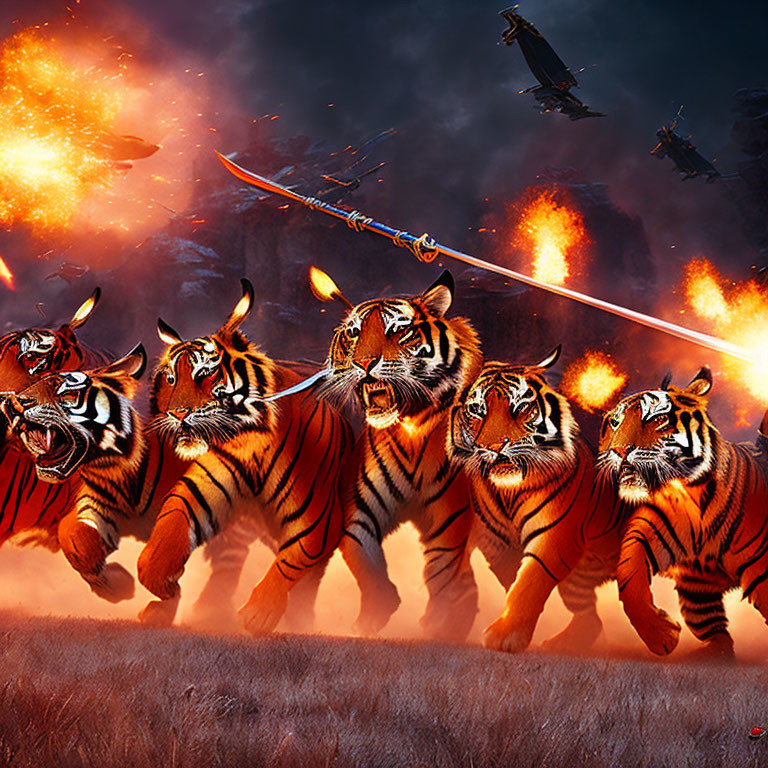 Four fierce tigers charging with a spear amid explosions and helicopters