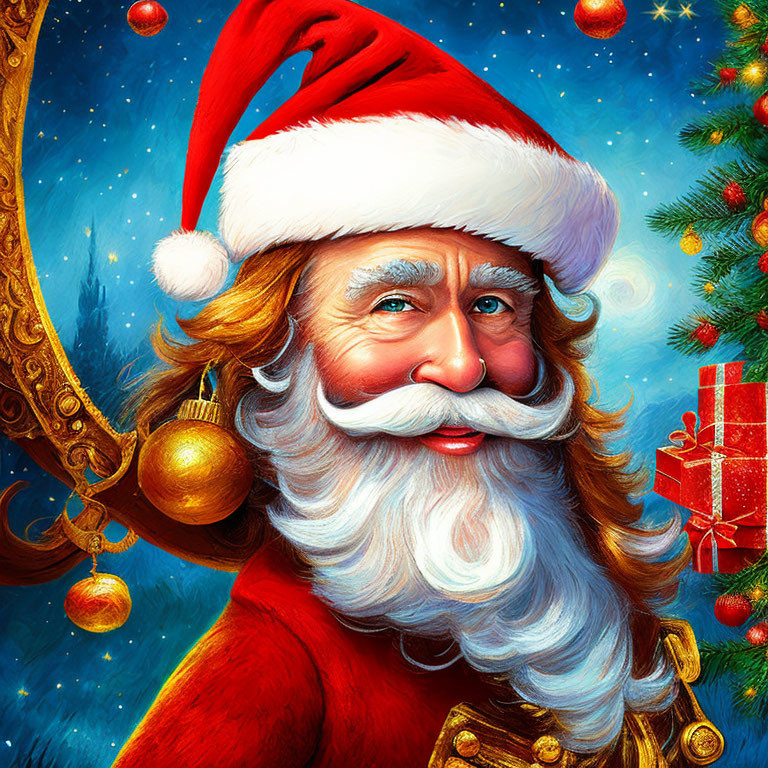Santa Claus Illustration with White Beard and Red Hat, Christmas Tree and Gifts