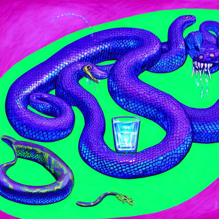 Colorful Illustration: Purple Snake with Blue Accents on Pink and Green Background