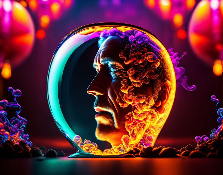 Colorful surreal portrait in vibrant bubble with neon designs