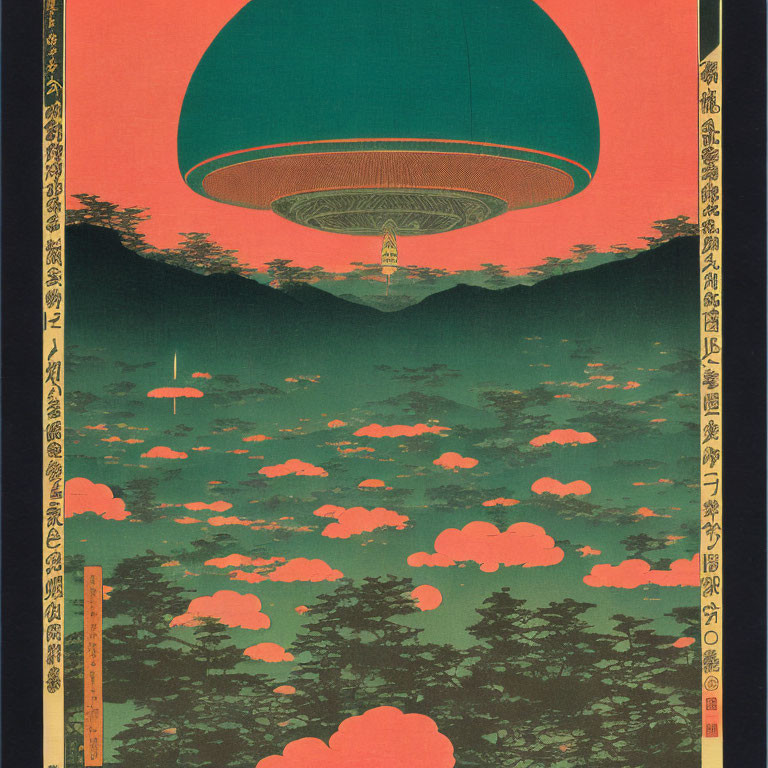 Japanese Woodblock-Style Print of UFO Over Cloudy Landscape