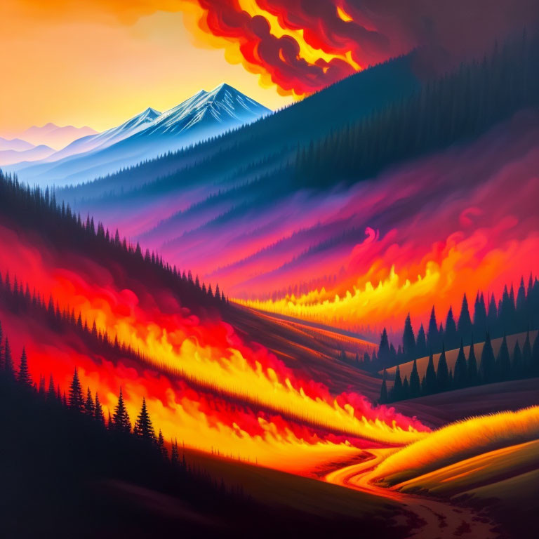 Stylized painting of fiery landscape with river, pine trees, and mountains