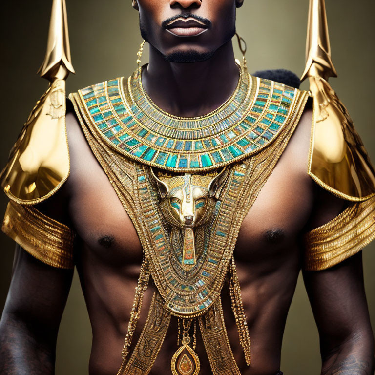 Shirtless person in golden Egyptian armor on muted background