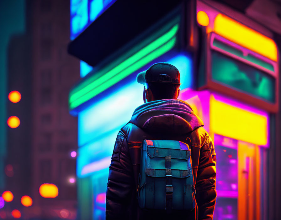 Backpacker in neon-lit urban street at night with glowing shopfronts