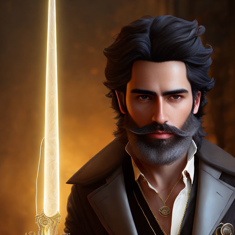 Digital portrait of a man with mustache holding glowing sword on dark golden background